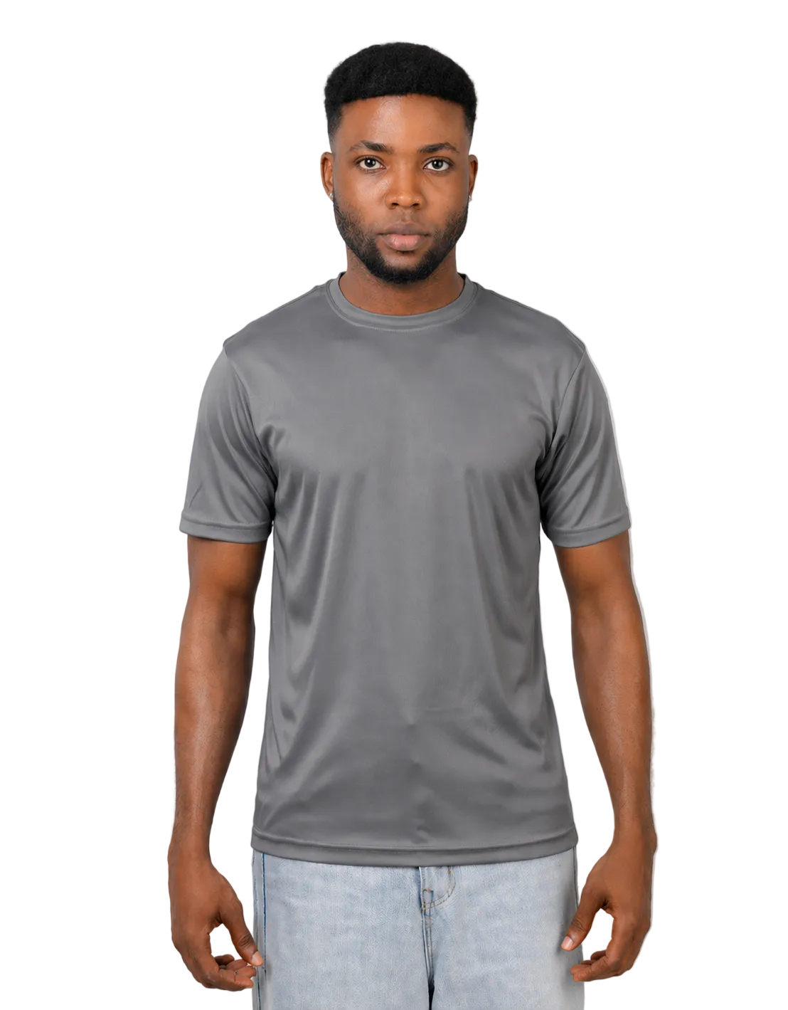 Man wearing a gray t-shirt against a plain background