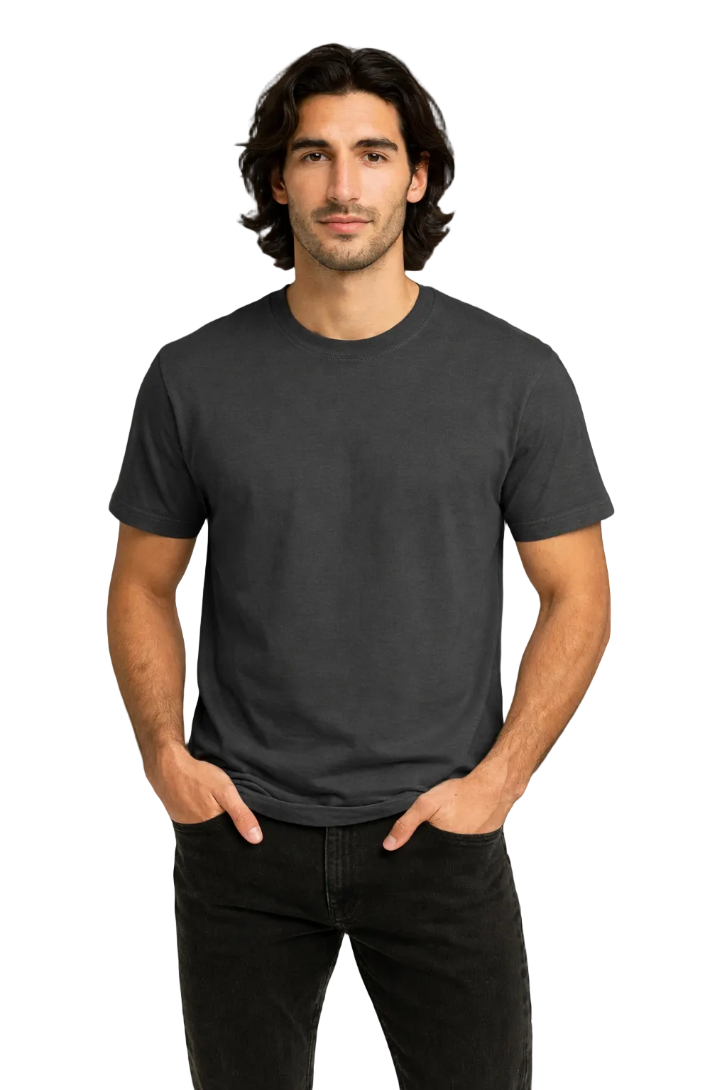 Man wearing a plain black t-shirt against a dark background