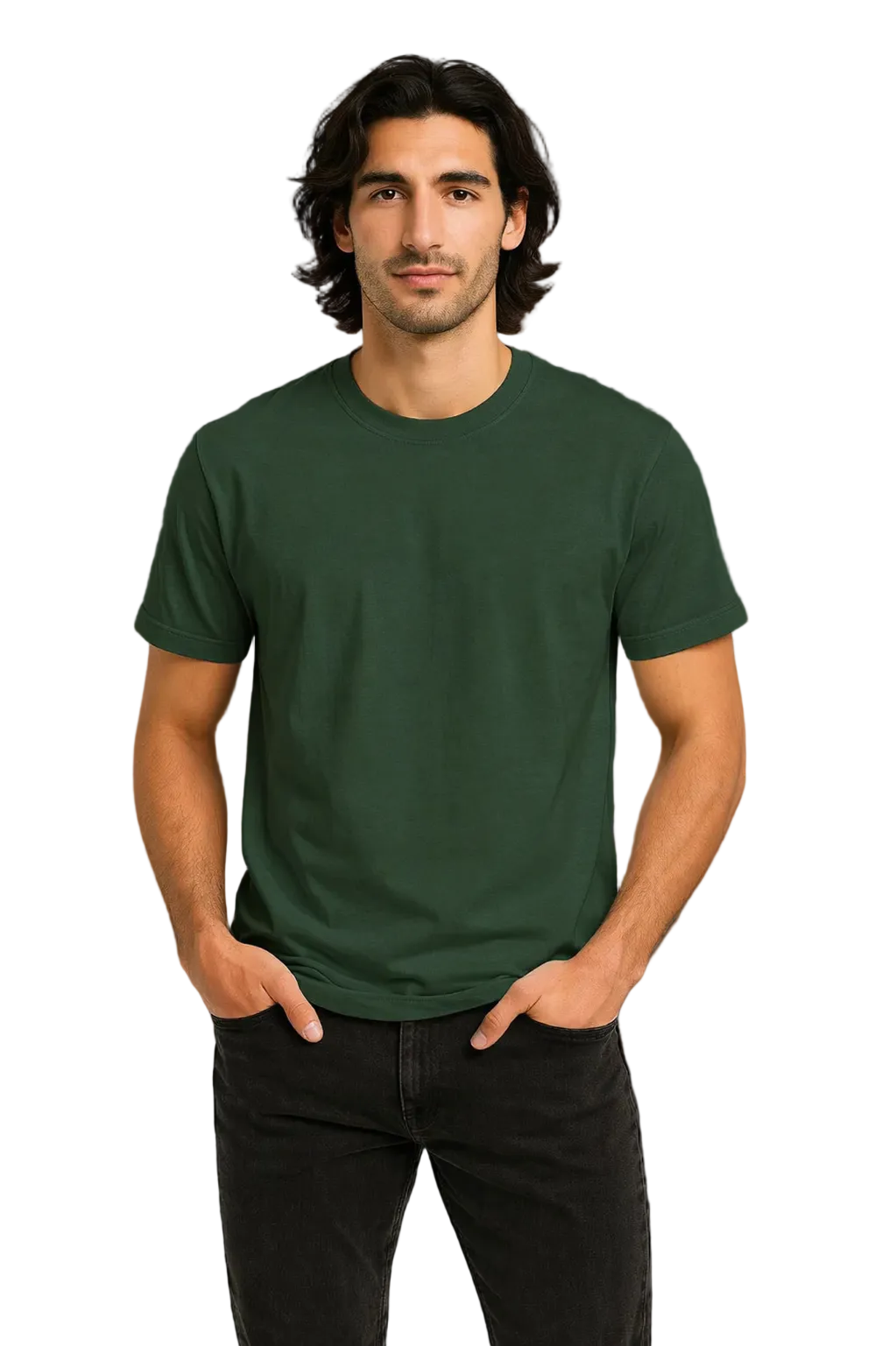Man wearing a green t-shirt and black pants on a dark background