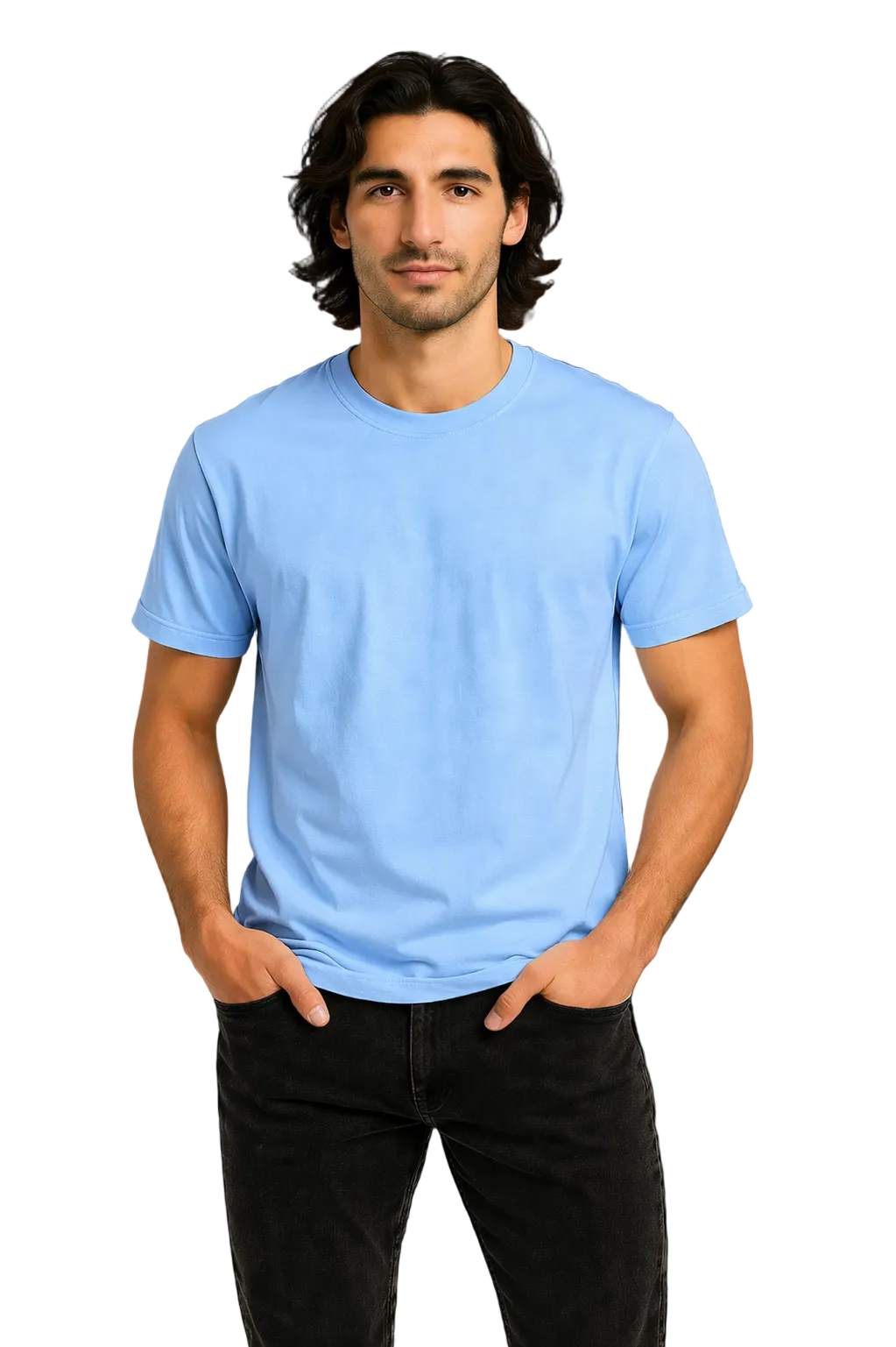 Man wearing a light blue t-shirt and black pants on a dark background
