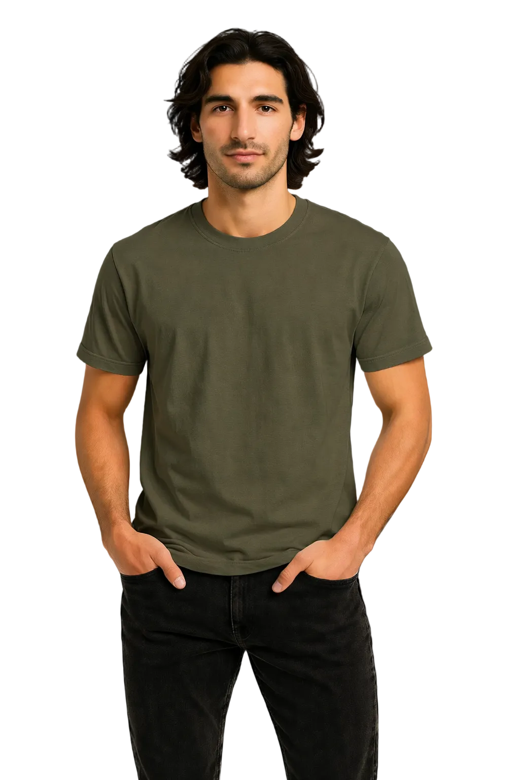 Man wearing a green t-shirt and black pants against a dark background
