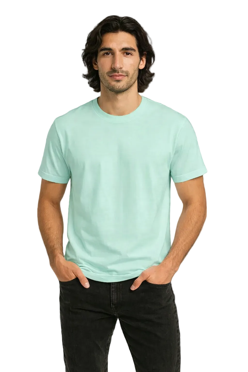 Man wearing a light green t-shirt against a dark background