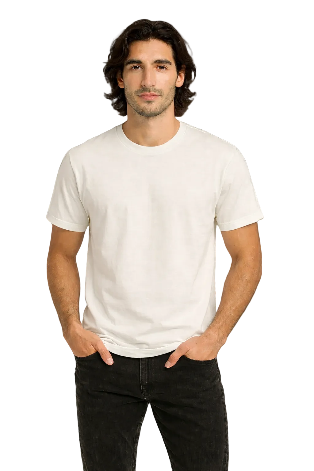 Man wearing a plain white t-shirt against a dark background