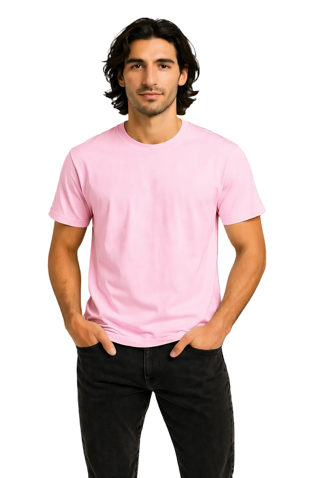 Man wearing a pink t-shirt against a black background