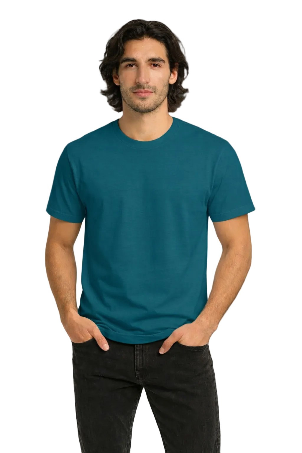 Man wearing a teal t-shirt and black pants against a dark background