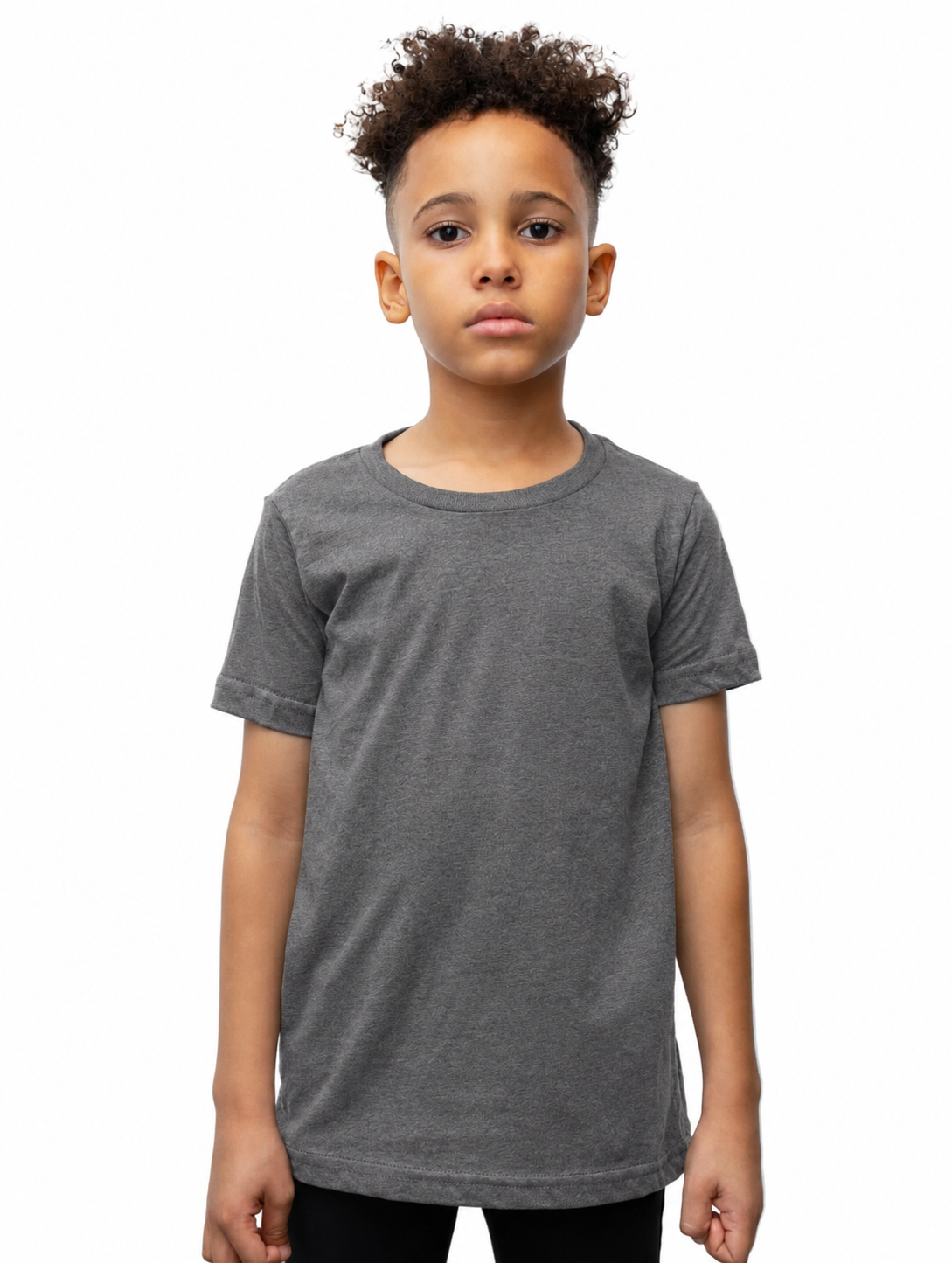 A child wearing a dark heather gray short-sleeve crewneck t-shirt, standing against a solid white background.