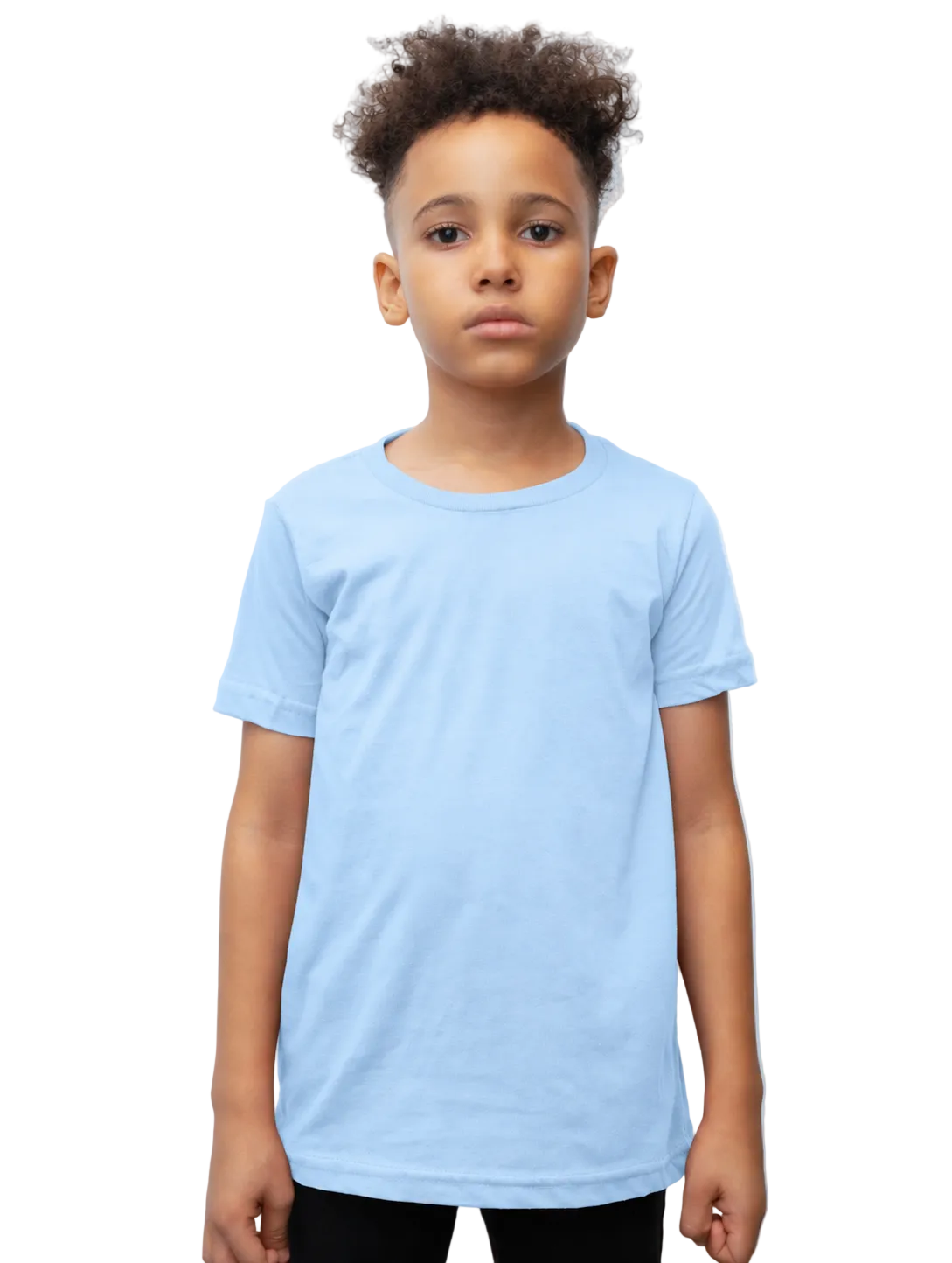Child wearing a light blue t-shirt against a plain background