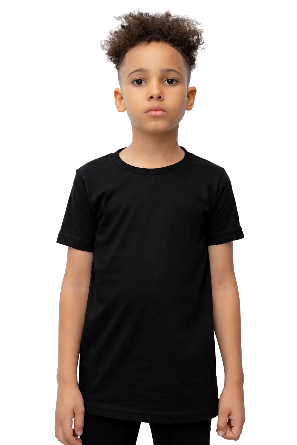 Child wearing a black t-shirt against a white background