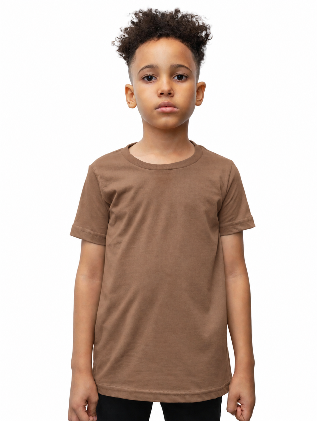 A child model wearing a solid brown short-sleeve crewneck t-shirt, photographed against a clean white background.