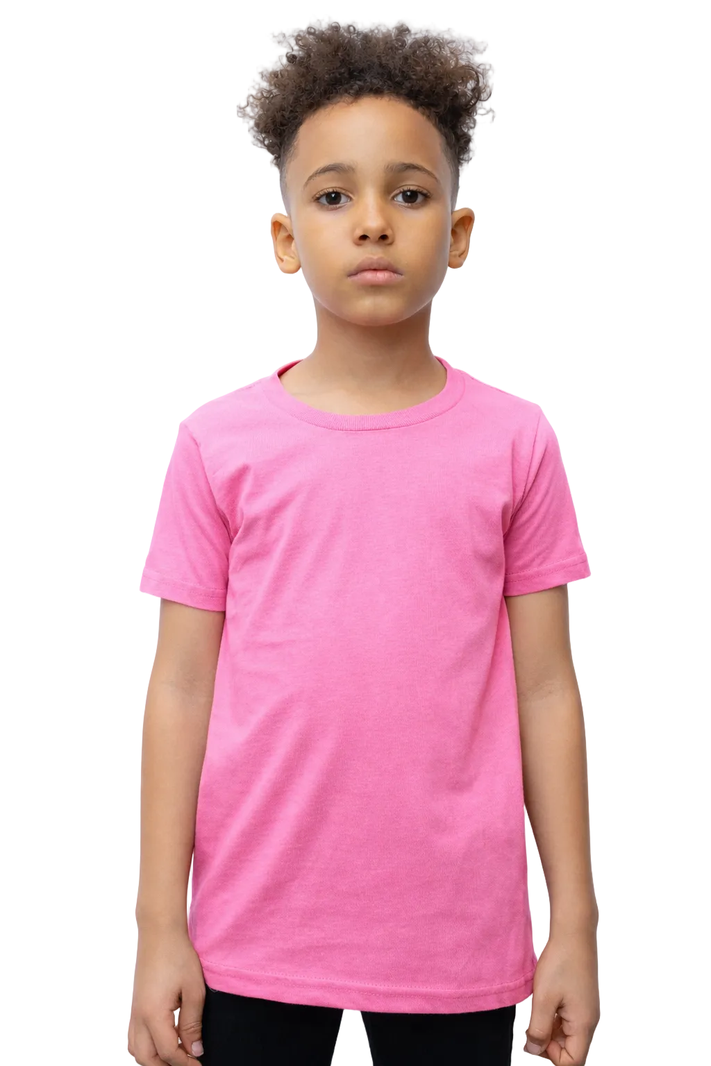 Child wearing a pink t-shirt on a white background
