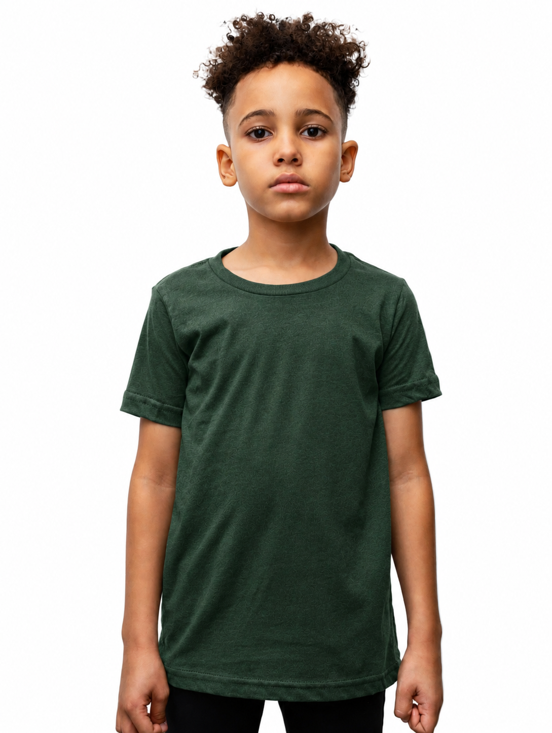A child wearing a dark forest green short-sleeve crewneck t-shirt, standing against a solid white background.
