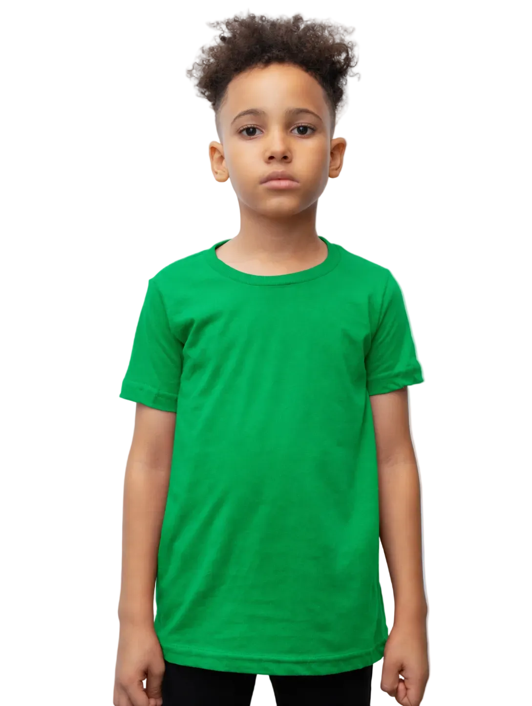 Child wearing a green t-shirt against a plain background