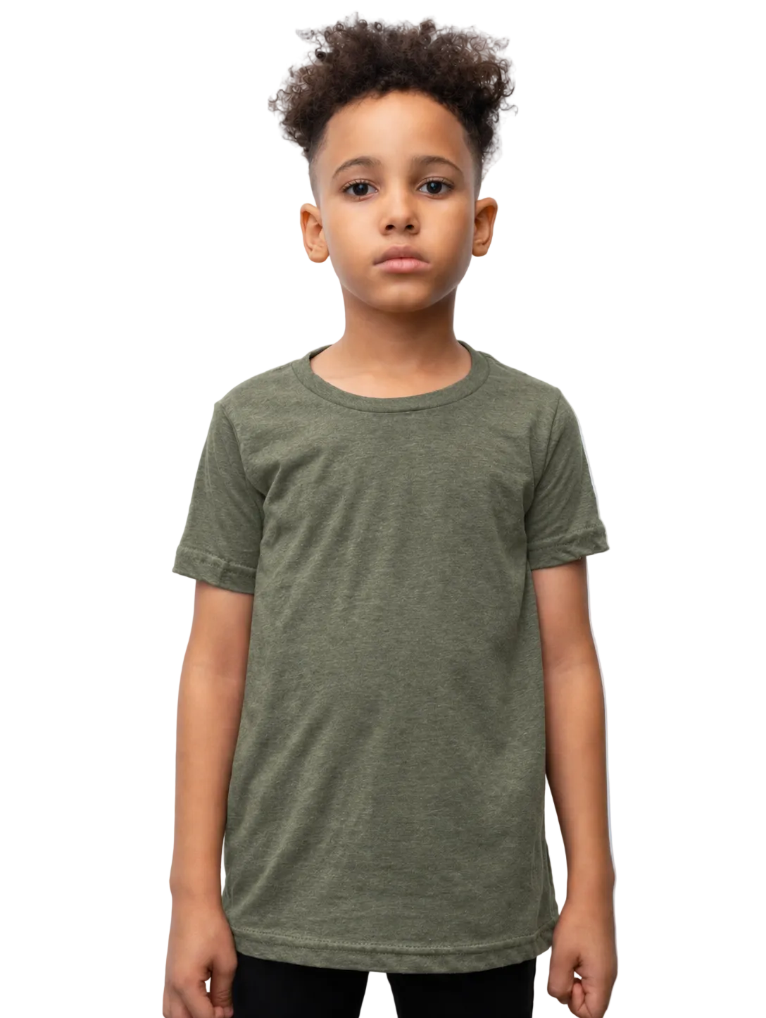 Child wearing a green t-shirt against a plain background