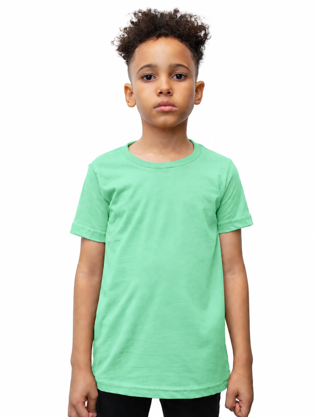 A child model wearing a short-sleeve crewneck t-shirt in a light mint green color, photographed against a solid white background.