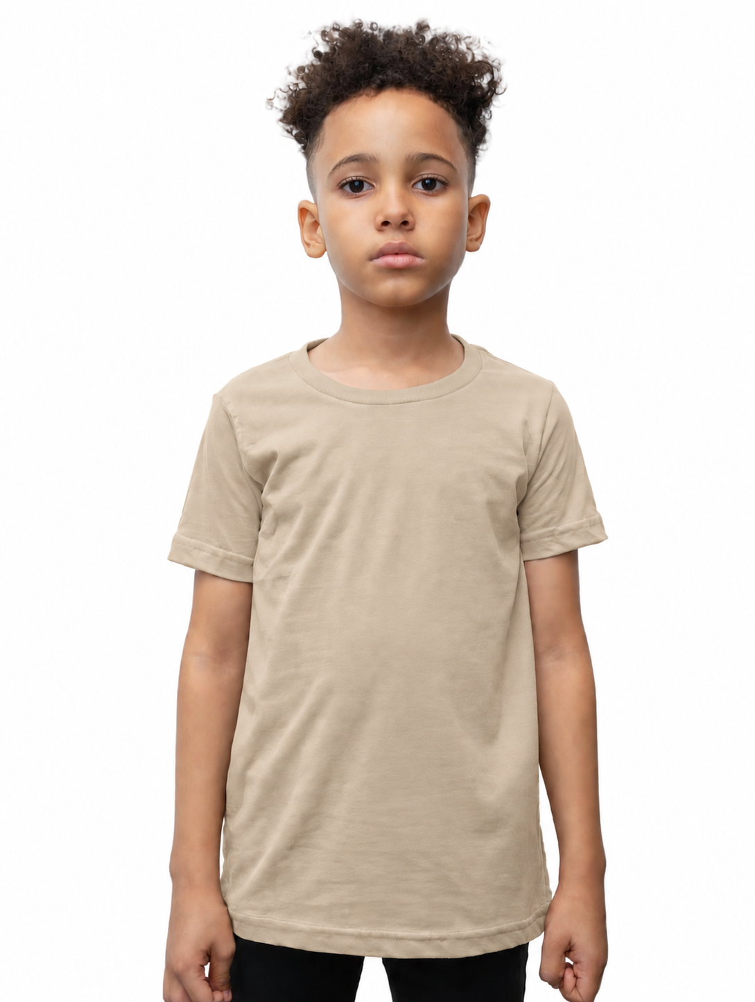 A child model wearing a plain beige short-sleeve crewneck t-shirt against a solid white background.
