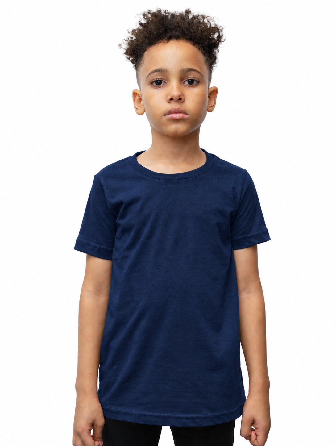 A child model wearing a solid navy blue short-sleeve crewneck t-shirt, photographed against a clean white background.