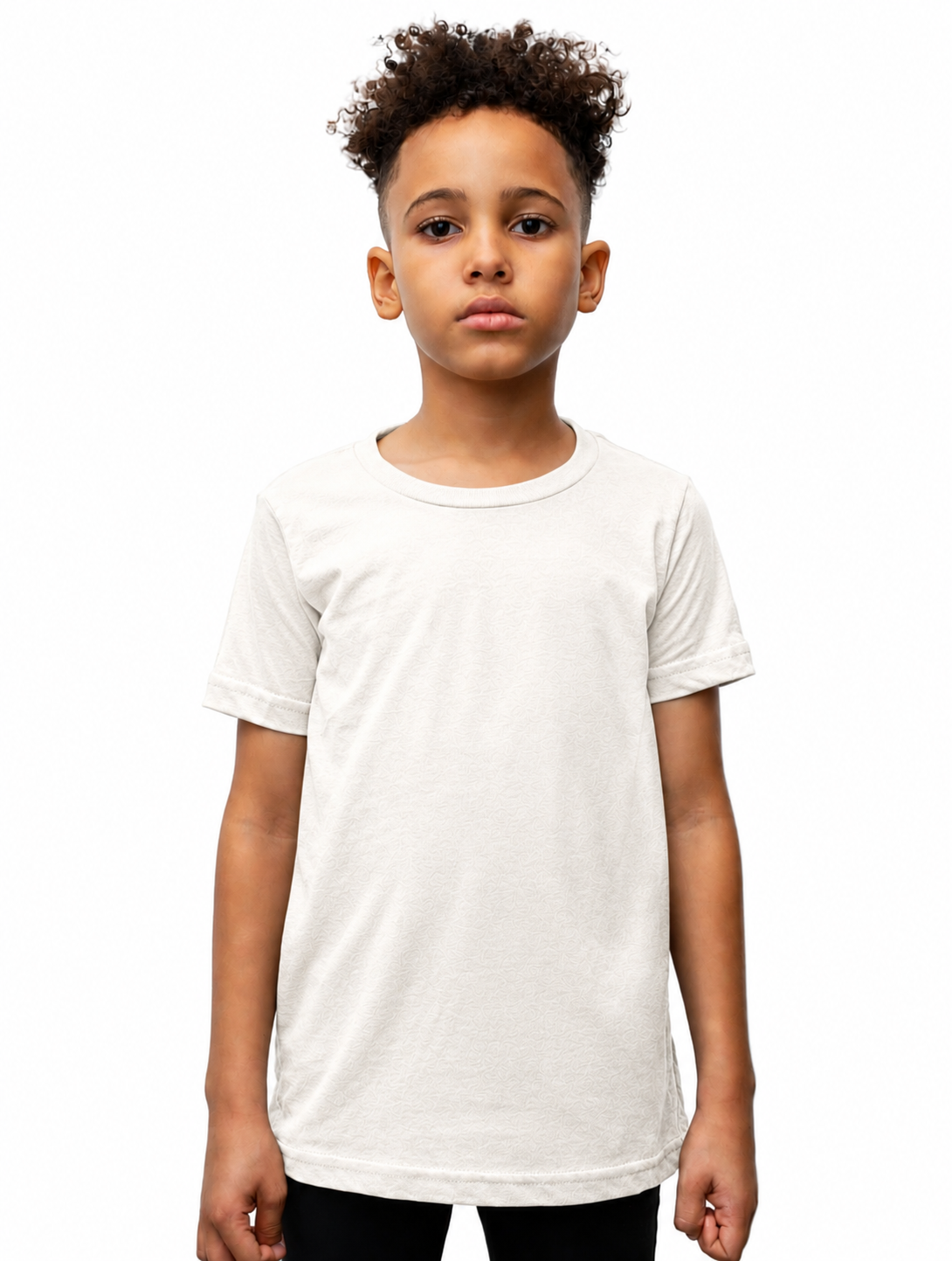 A child model wearing a plain white short-sleeve crewneck t-shirt, photographed against a seamless white background.