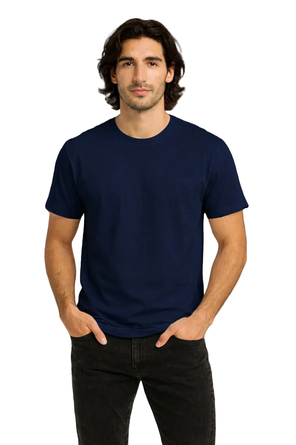 Man wearing a navy blue t-shirt against a dark background