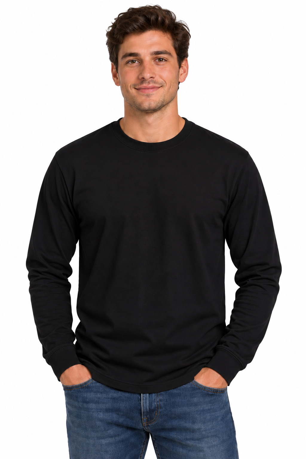 A man wearing a plain black long-sleeve crewneck shirt and blue jeans, standing against a solid white background.