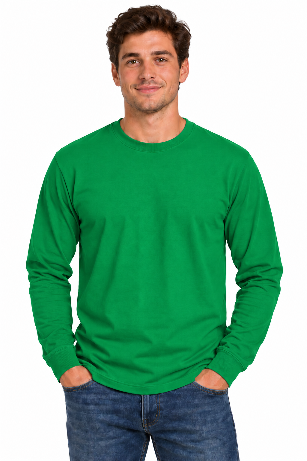 A man wearing a bright green long-sleeve crewneck shirt and blue jeans, standing against a plain white background.