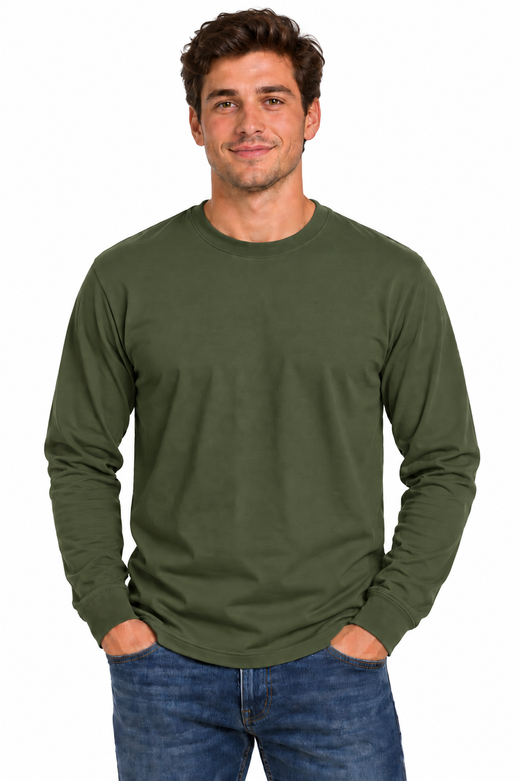 A man wearing a solid olive green long-sleeve crewneck t-shirt and blue jeans, standing against a plain white background.
