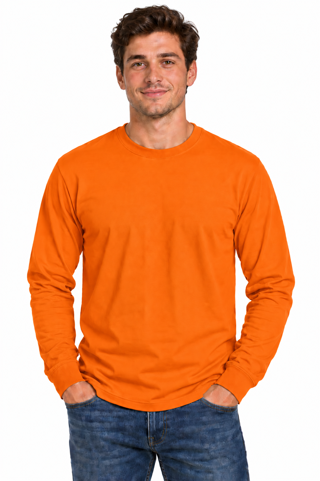 A man wearing a bright orange long-sleeve crewneck t-shirt and blue jeans, standing against a plain white background.