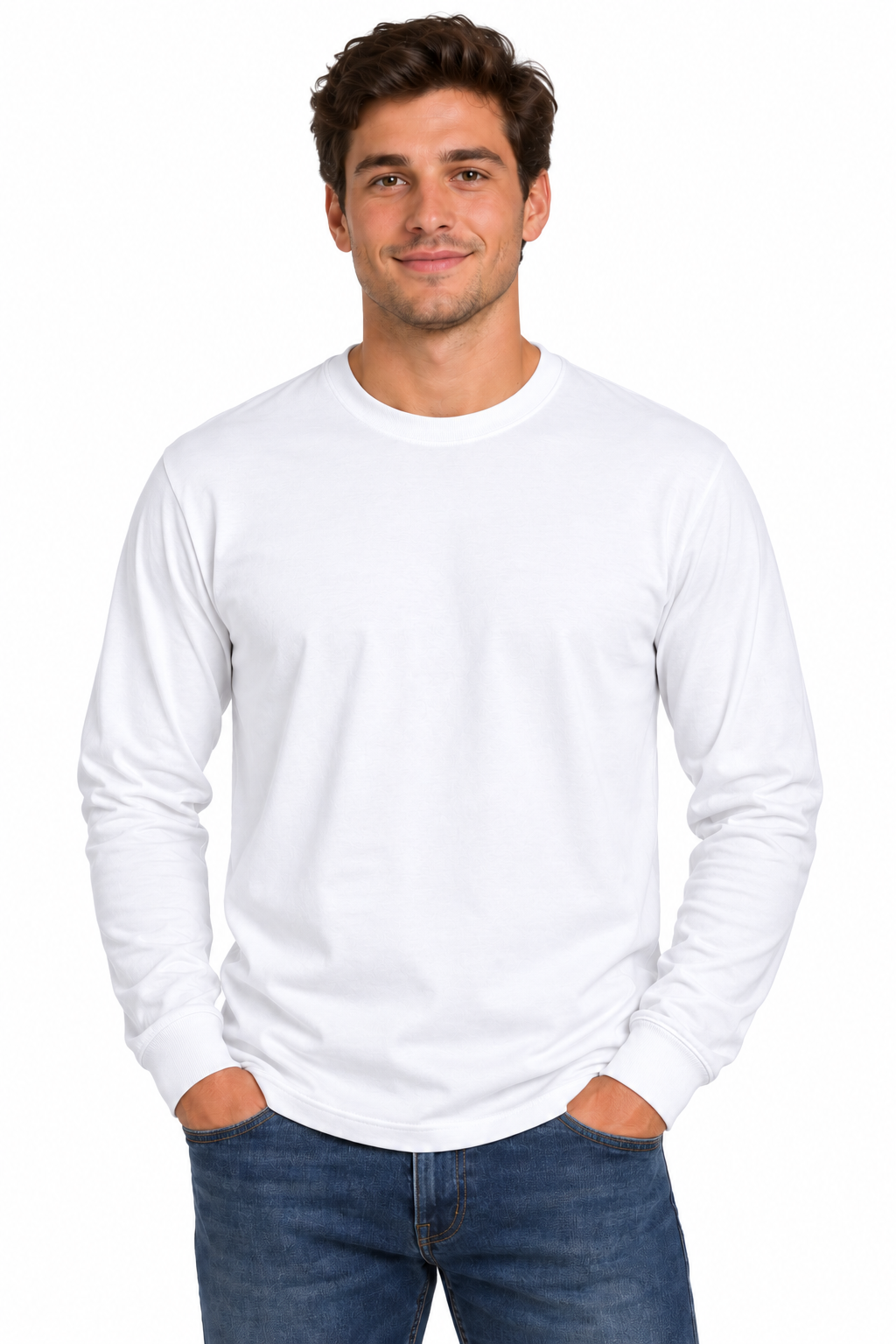A man wearing a plain white long-sleeve crewneck t-shirt and blue jeans, standing against a solid white background.