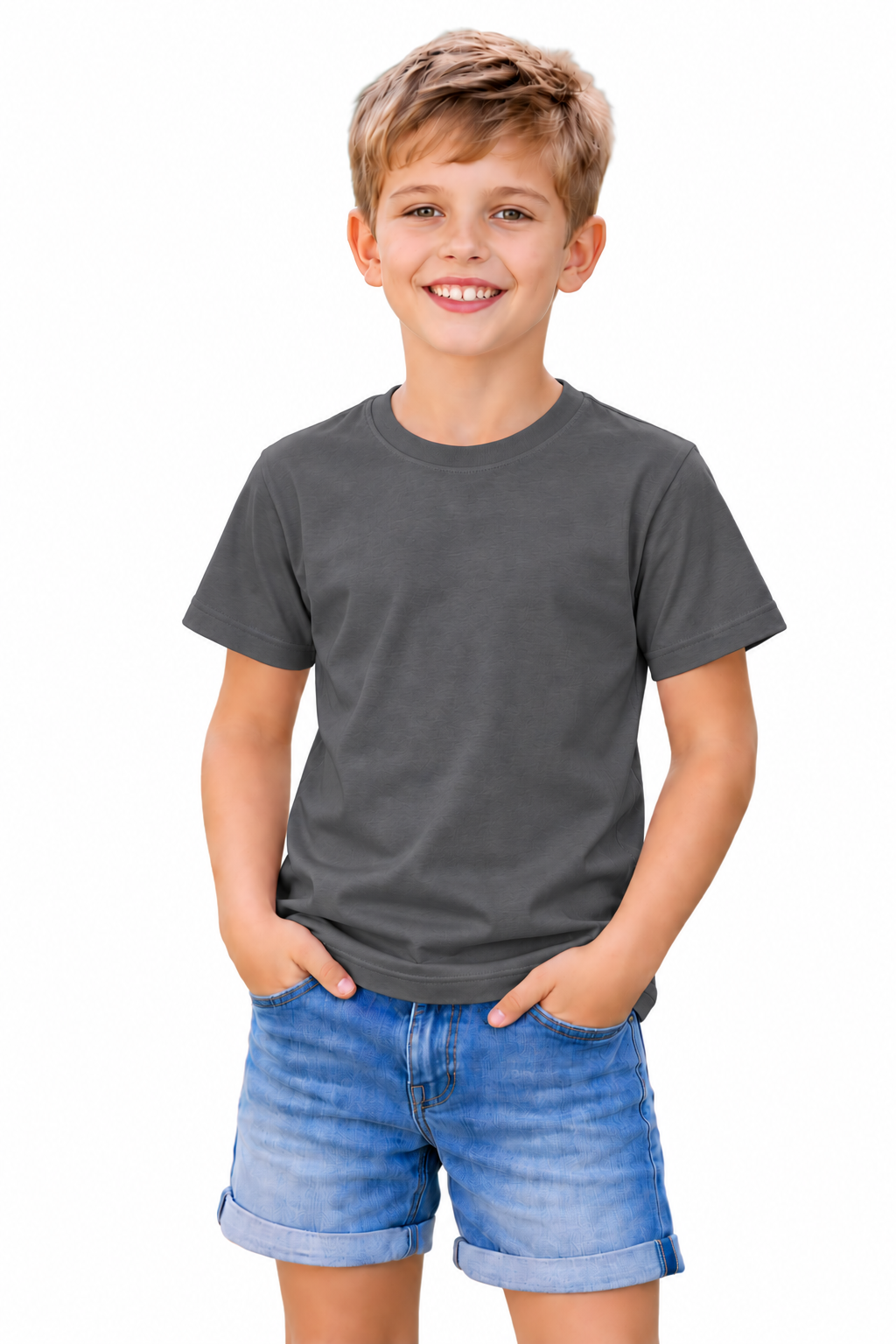 A young boy smiling and wearing a dark gray crewneck t-shirt and blue denim shorts, standing against a solid white background.