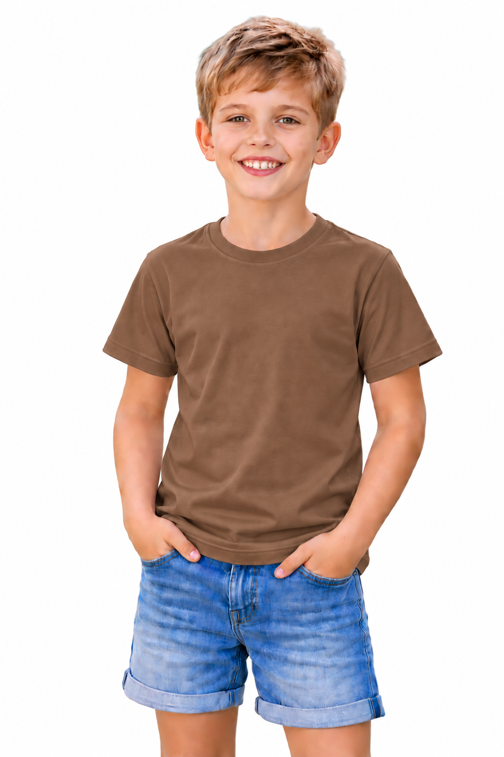 A young boy smiling and wearing a plain brown short-sleeve crewneck t-shirt and blue denim shorts, standing against a solid white background.