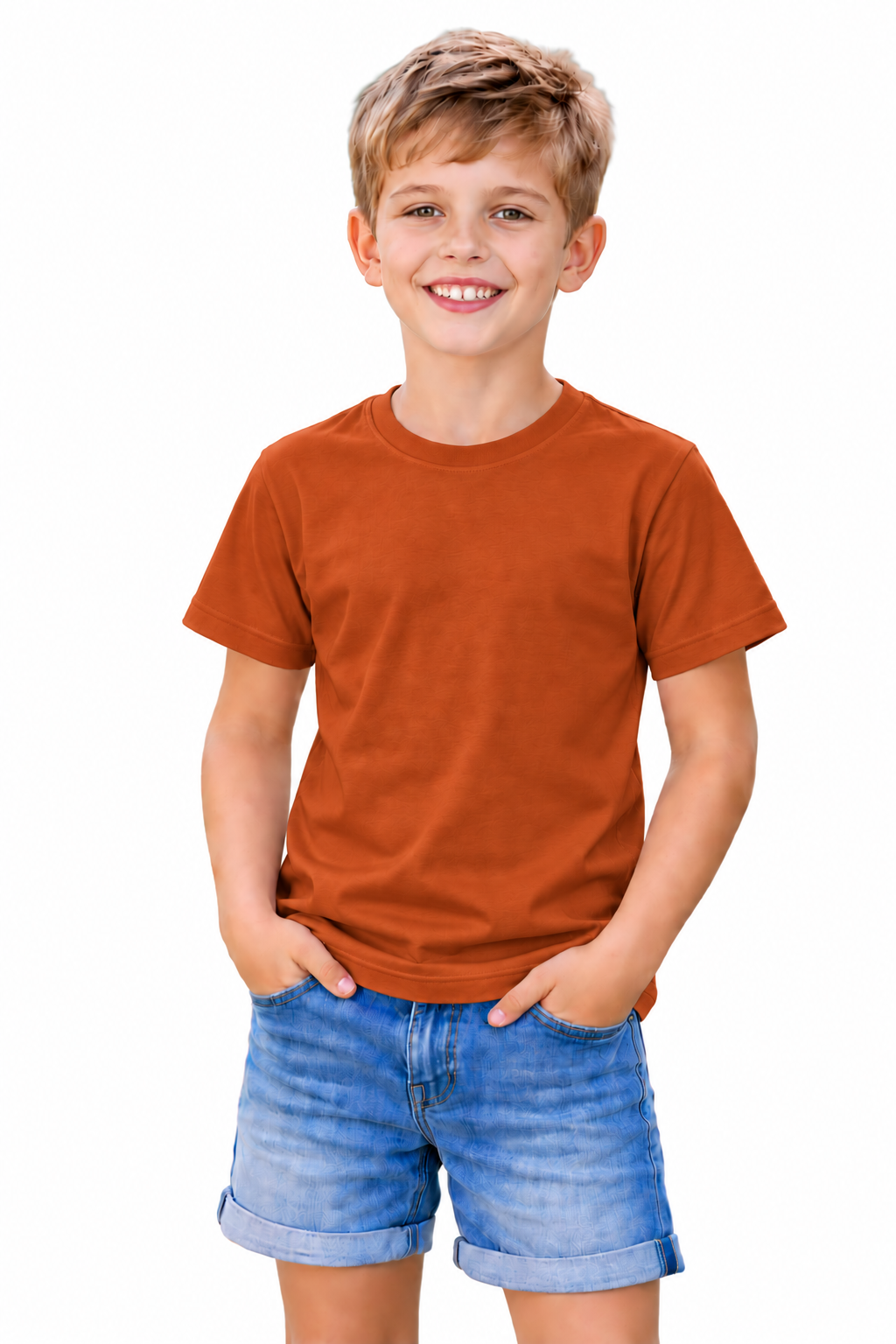 A young boy smiling and wearing a solid rust-orange crewneck t-shirt and blue denim shorts, standing against a plain white background.