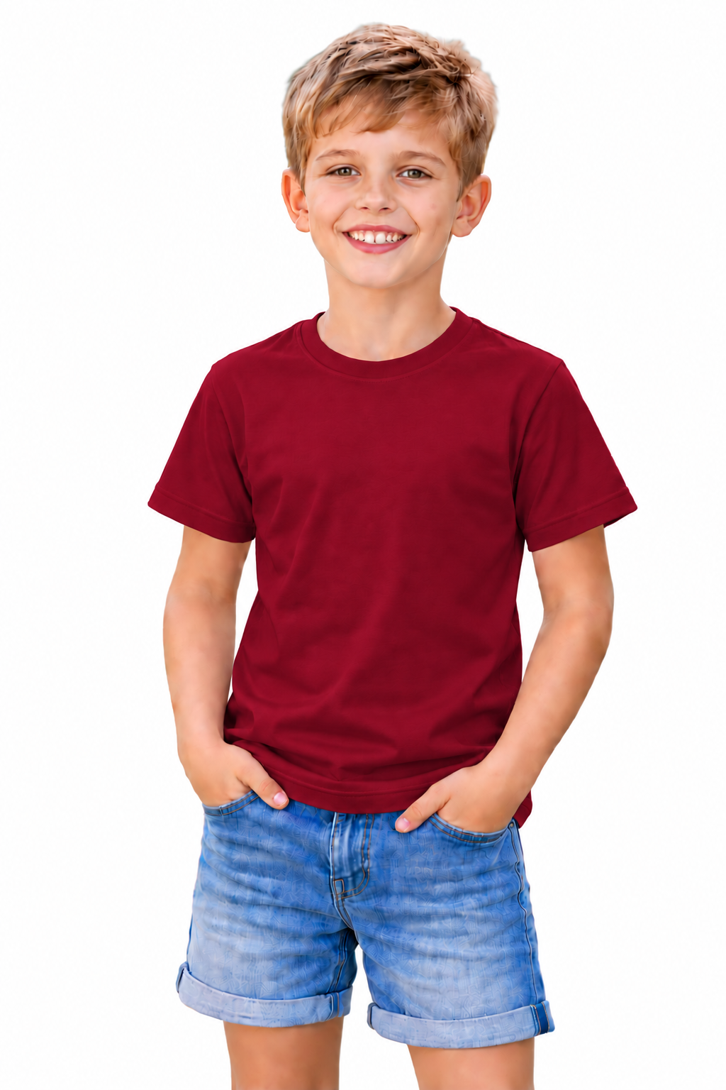 A young boy smiling and wearing a solid maroon short-sleeve crewneck t-shirt and blue denim shorts, standing against a plain white background.