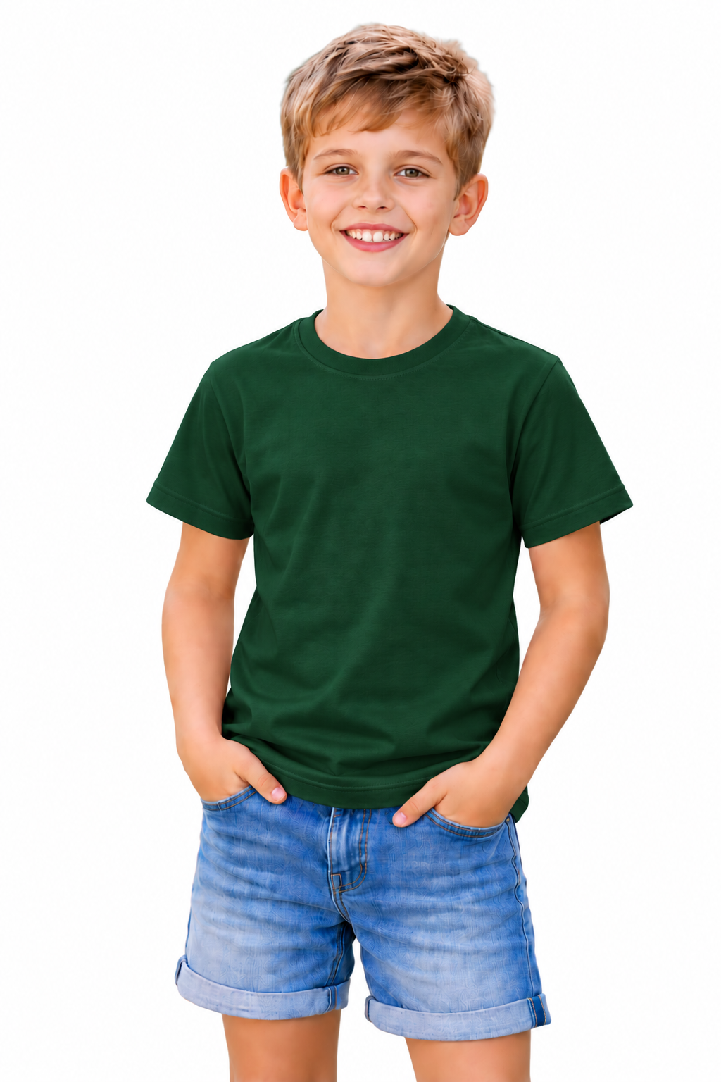 A young boy smiling and wearing a dark green short-sleeve crewneck t-shirt and blue denim shorts, standing against a solid white background.