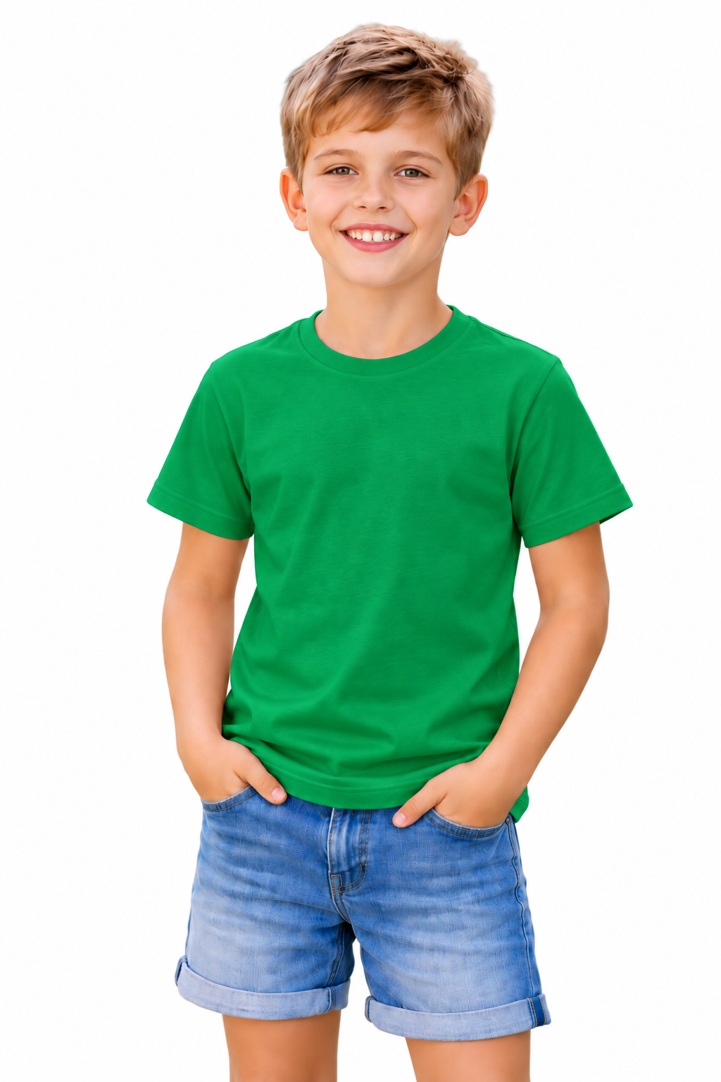 A young boy with blonde hair smiling, wearing a solid green short-sleeve t-shirt and blue denim shorts, standing against a plain white background.