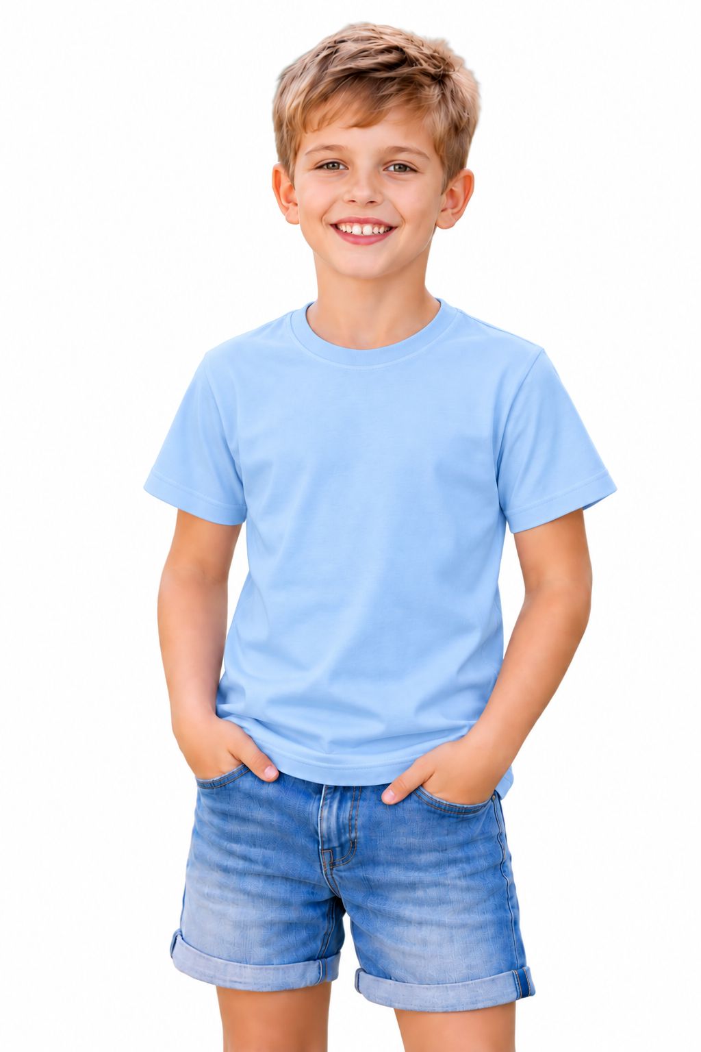 A young boy smiling and wearing a light blue crewneck t-shirt and blue denim shorts, standing against a solid white background.