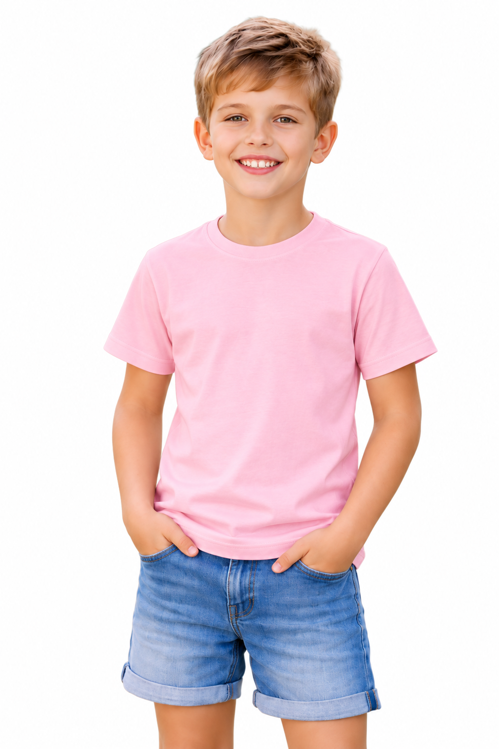 A young boy smiling and wearing a plain light pink short-sleeve crewneck t-shirt and blue denim shorts, standing against a solid white background.