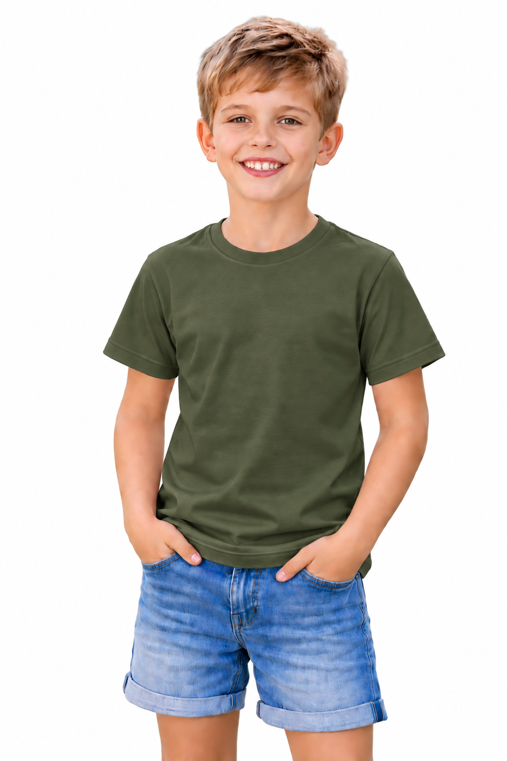 A young boy smiling and wearing a solid olive green short-sleeve crewneck t-shirt and blue denim shorts, standing against a plain white background.