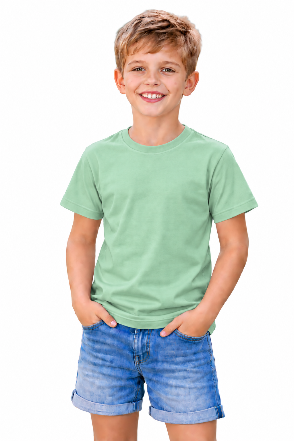A young boy smiling and wearing a light green crewneck t-shirt and blue denim shorts, standing against a solid white background.
