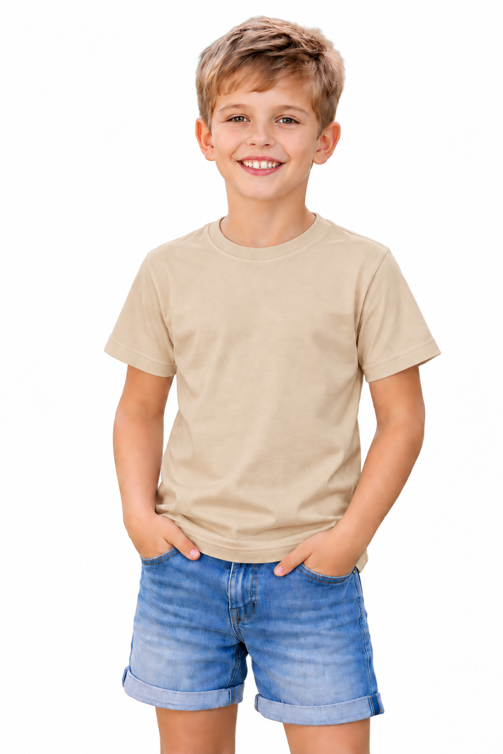 A young boy smiling and wearing a plain beige short-sleeve crewneck t-shirt and blue denim shorts, standing against a solid white background.