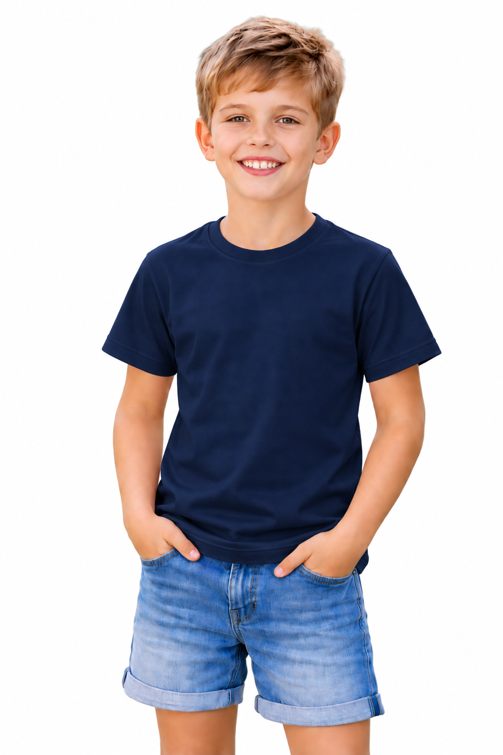 A young boy smiling and wearing a solid navy blue short-sleeve crewneck t-shirt and light blue denim shorts, standing against a plain white background.