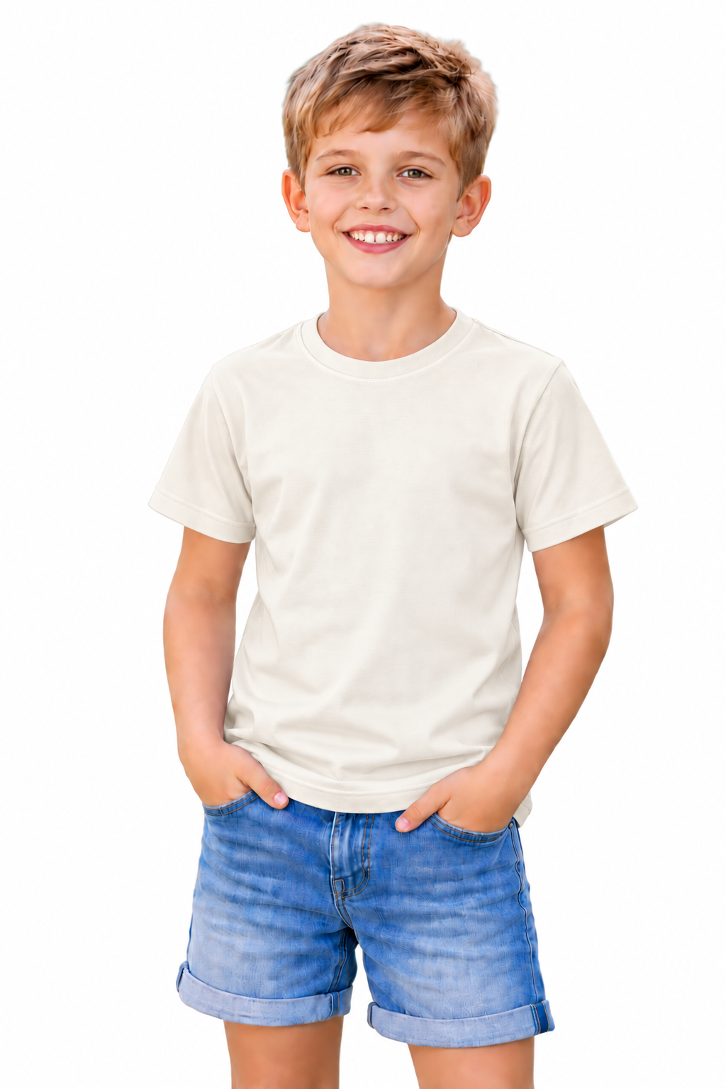 A young boy smiling and wearing a plain cream-colored short-sleeve t-shirt and blue denim shorts, standing against a solid white background.
