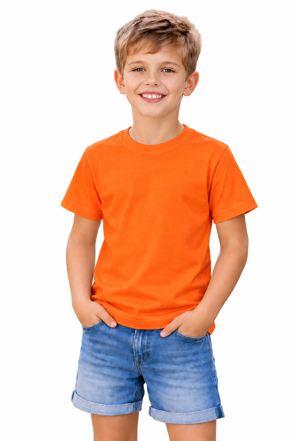 A young boy smiling and wearing a solid bright orange crewneck t-shirt and blue denim shorts, standing against a plain white background.
