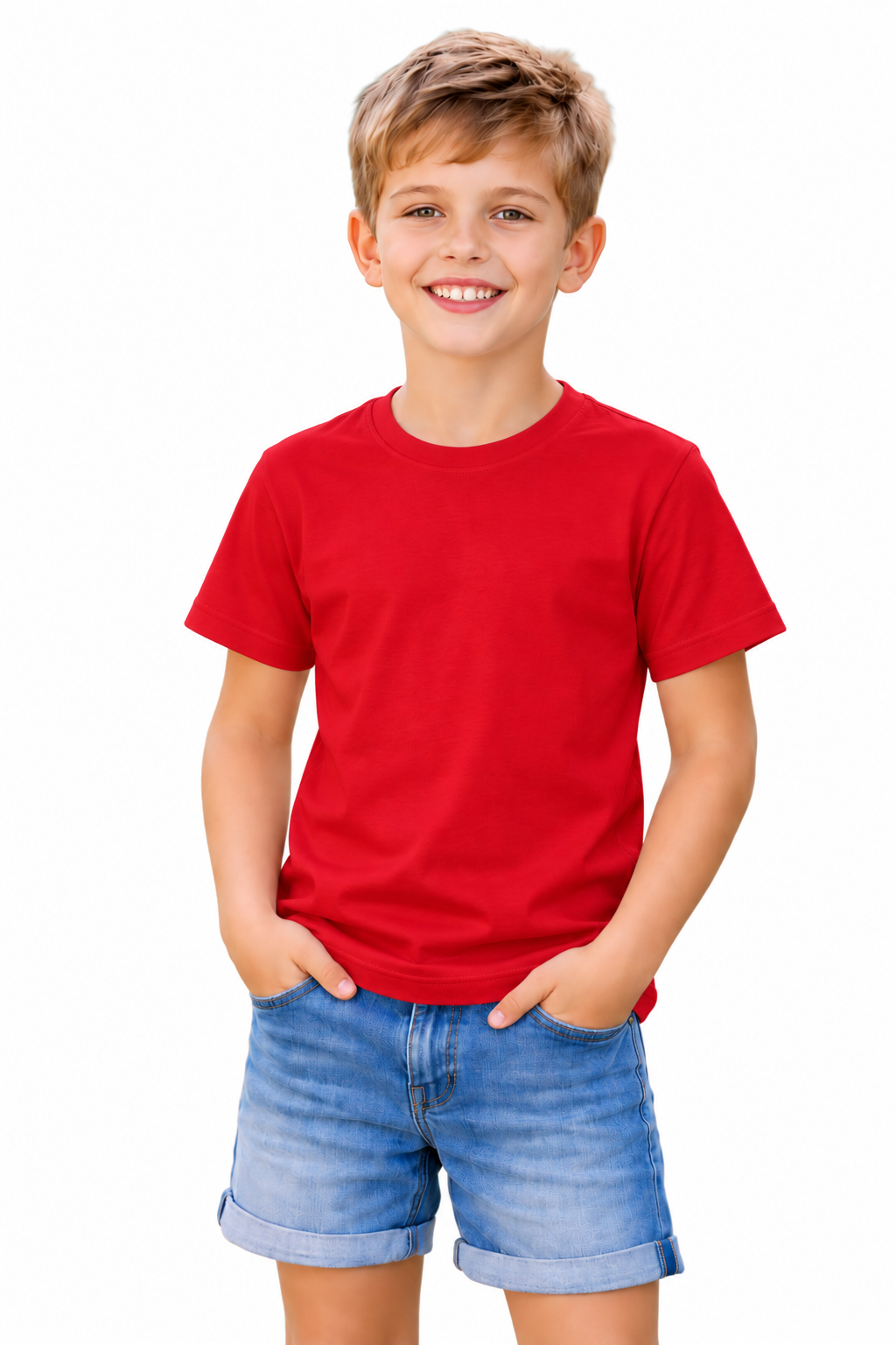 A young boy smiling and wearing a solid red short-sleeve crewneck t-shirt and blue denim shorts, standing against a plain white background.