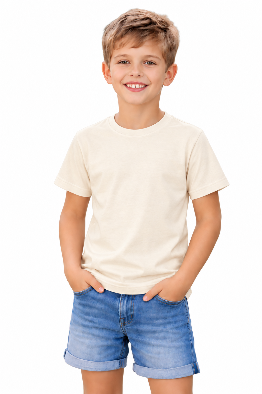 A young boy smiling and wearing a plain cream-colored short-sleeve t-shirt and blue denim shorts, standing against a solid white background.