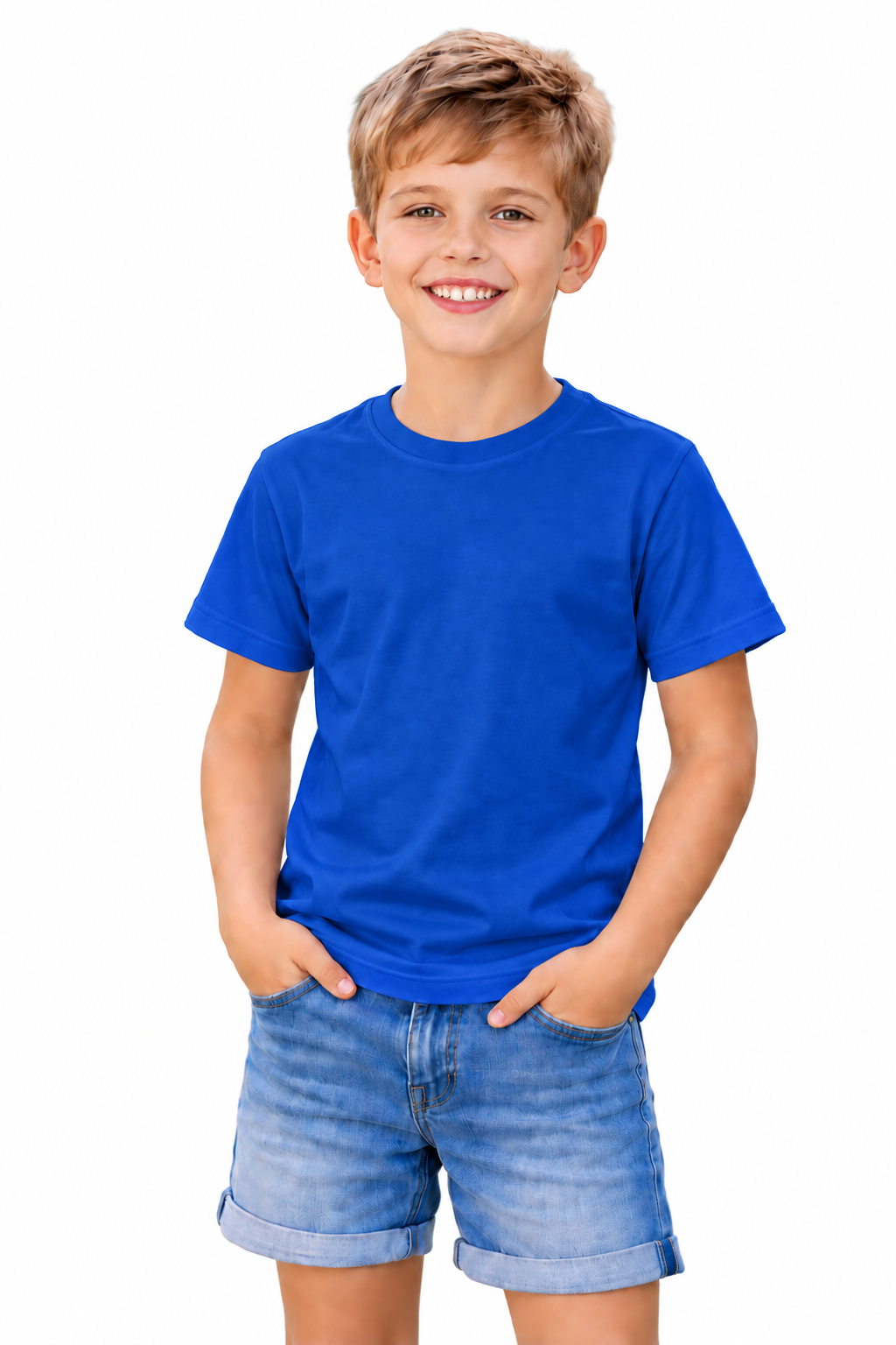 A young boy smiling and wearing a solid royal blue short-sleeve crewneck t-shirt and light-wash denim shorts, standing against a plain white background.