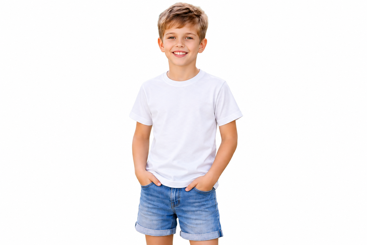 A young boy with short blond hair smiling at the camera, wearing a plain white short-sleeve t-shirt and blue denim shorts, standing against a solid white background.