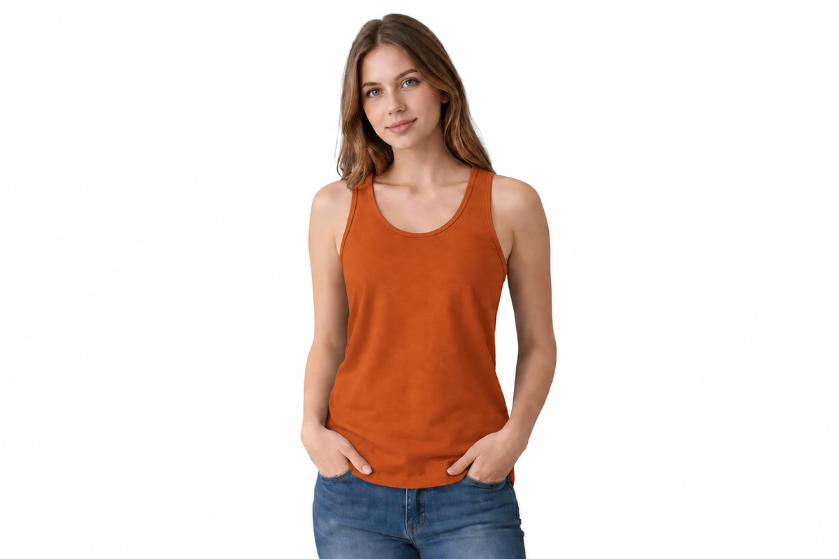 A woman modeling a sleeveless orange tank top with blue jeans, standing against a plain white background.