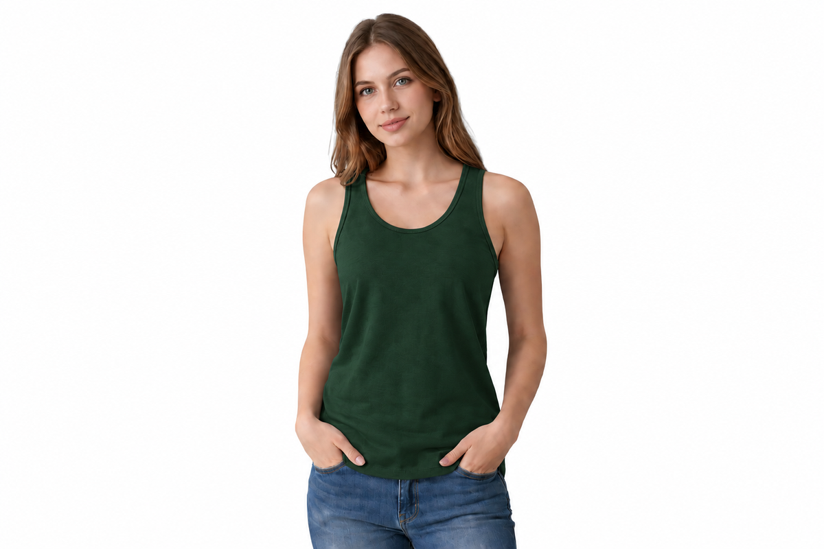 A woman modeling a dark green sleeveless tank top with blue jeans, standing against a plain white background.