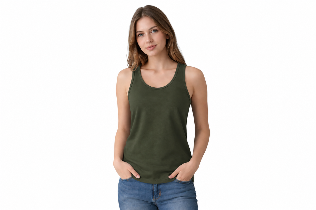 A woman modeling an olive green sleeveless tank top with blue jeans, standing against a plain white background.