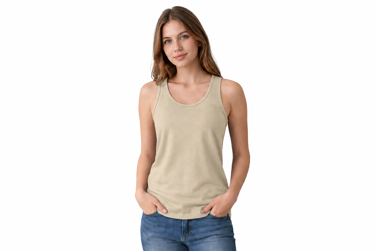 A woman modeling a sleeveless scoop-neck tank top in a light beige color, paired with blue jeans, against a plain white background.