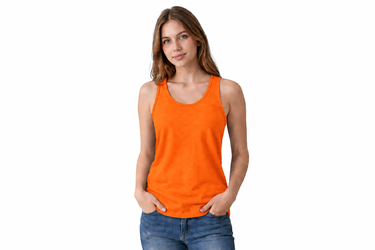A woman modeling a bright orange sleeveless tank top with blue jeans, standing against a plain white background.